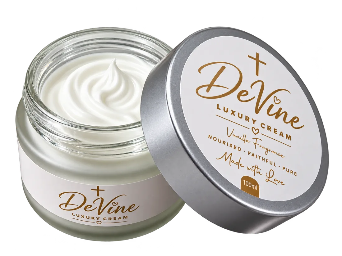 Open jar of DeVine Vanilla Luxury Cream with whipped cream inside
