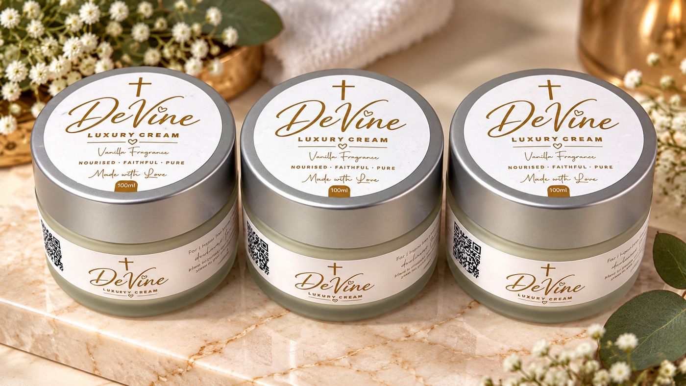 Three DeVine Luxury Cream jars on a marble counter